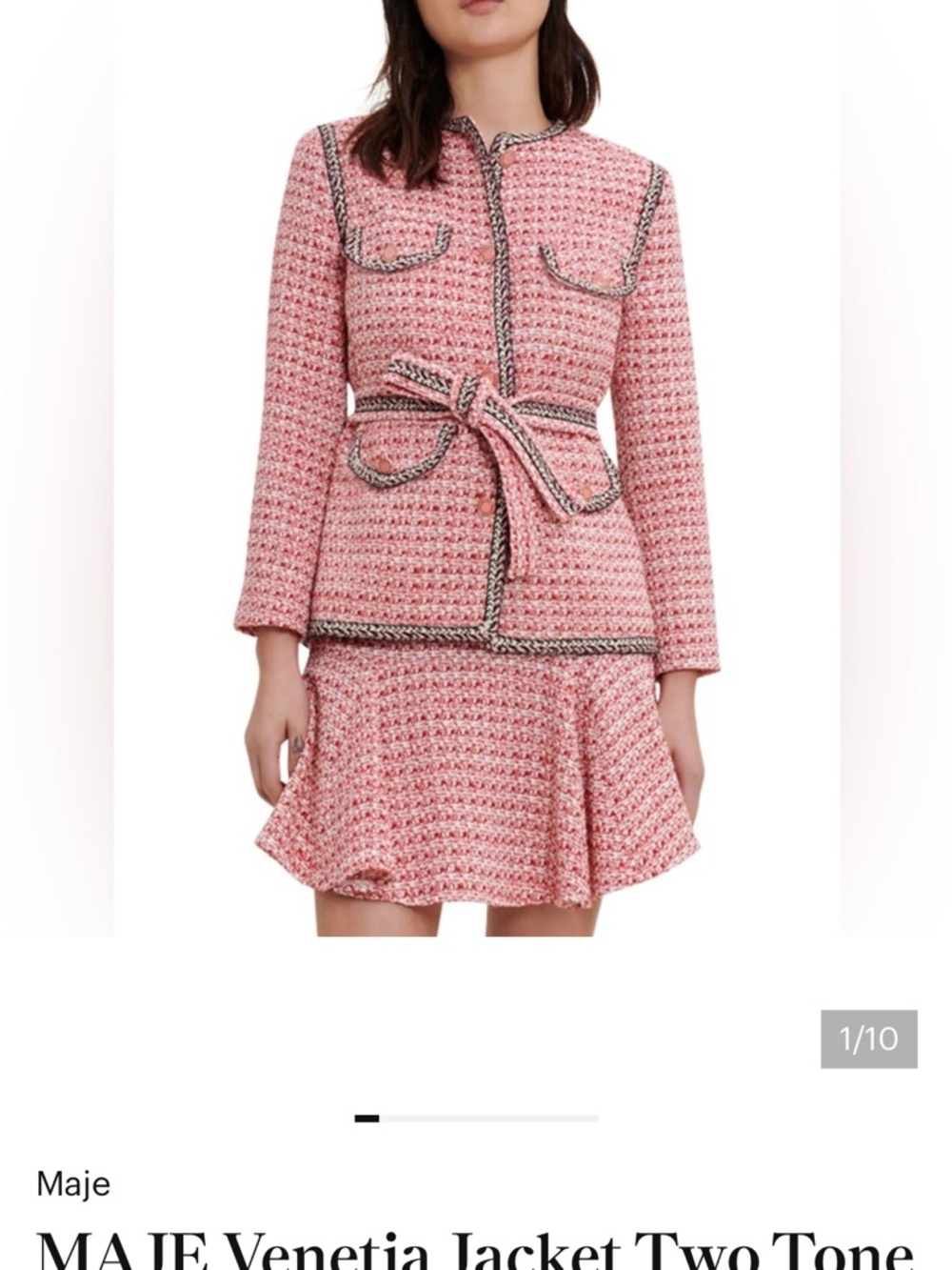 Maje Pink Tweed Belted Jacket & Flared Skirt Set